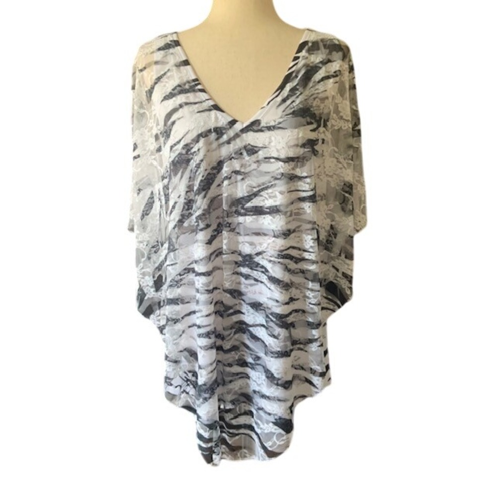 NWT Lagenlook Lace Overlay Tunic Top L Zebra Animal Print Artsy Sheer Flowy Chic